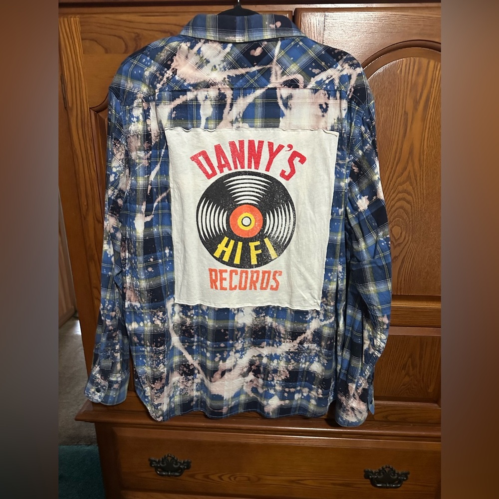 Danny’s HiFi Records upcycled bleached flannel tee One of a Kind